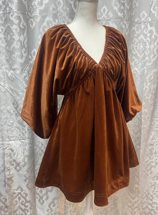 V Neck Flared Dress - Rust