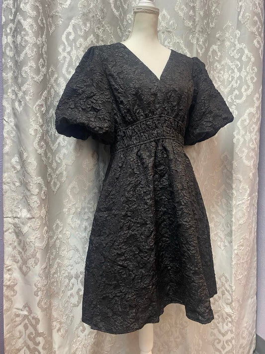 Balloon Sleeve Jacquard Dress - Black