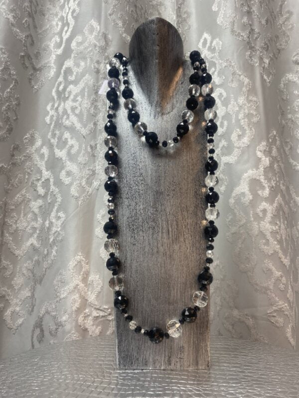 Extra Long Hand Beaded Necklace Black and Silver 2