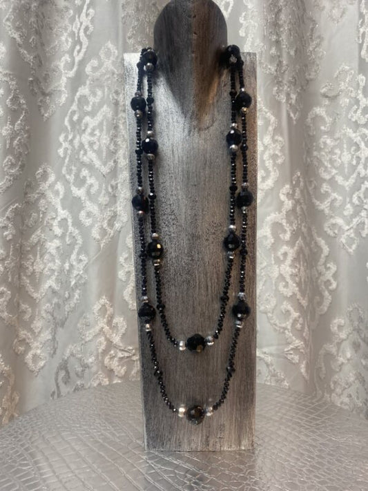 Extra Long Hand Beaded Necklace Black and Silver