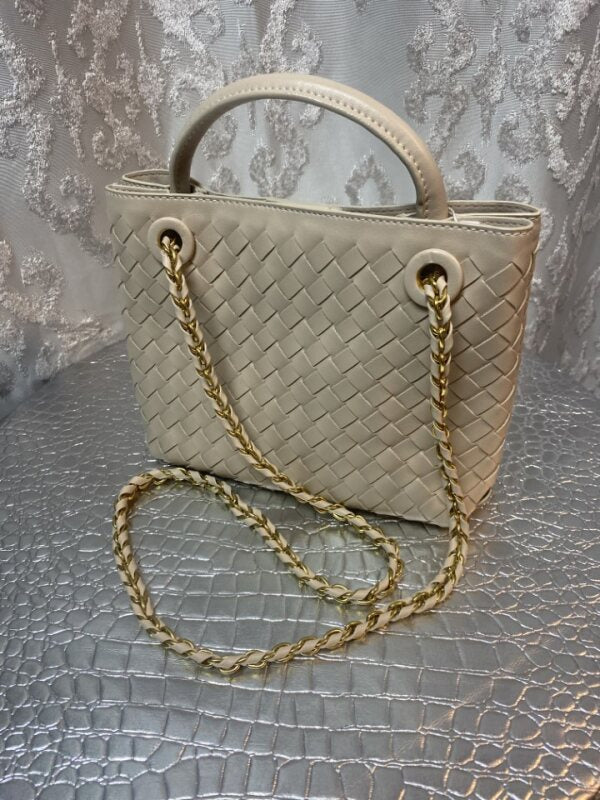 Braid Tan Purse with Gold Chain Strap