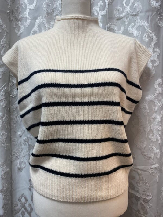 Mock Neck Striped Sweater Top - Cream/Blk