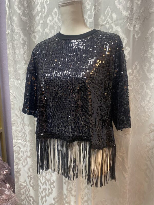 Round Neck Short Sleeve Sequin Top with Fringe