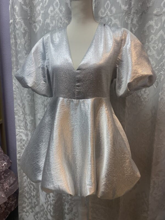 V neck Voluminous Dress - Silver