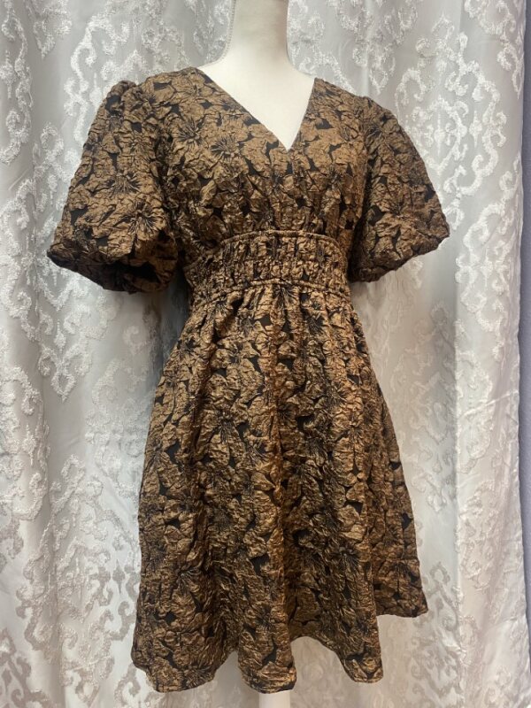 Balloon Sleeve Jacquard Dress - Brown