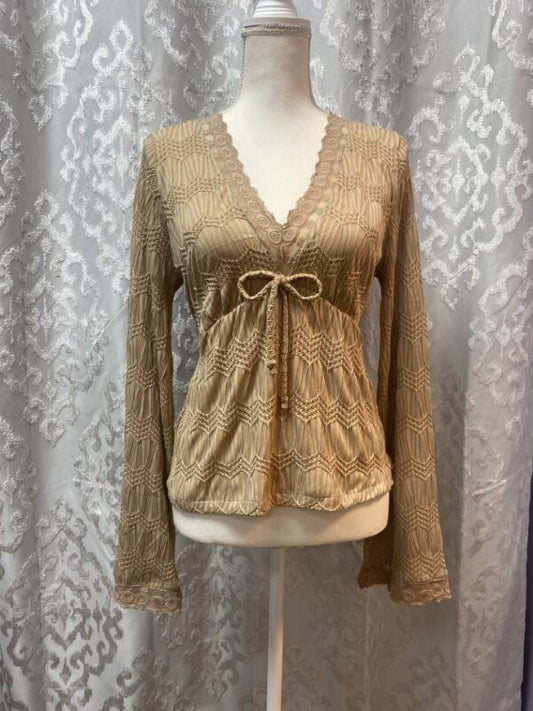 Long Sleeve V-Neck Lace Top - Brown