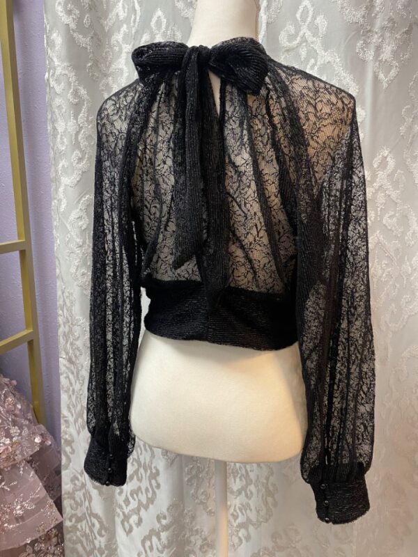 Long Cuff Raglan Sleeve Lace Top w Neck Tie - Black