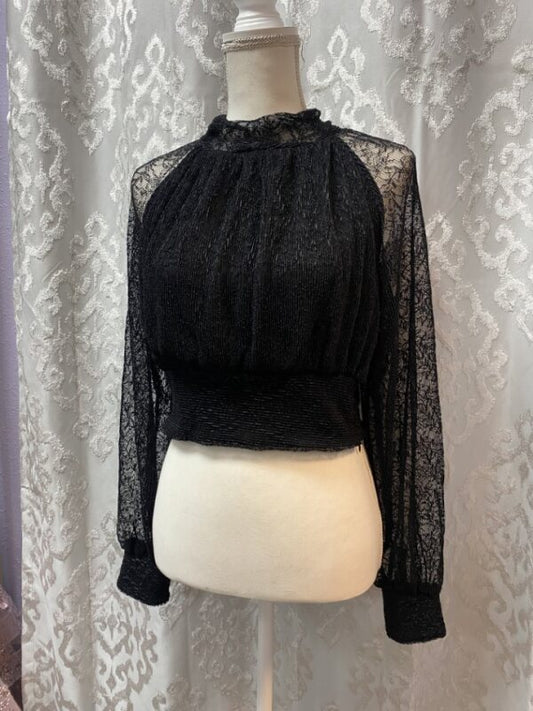 Long Cuff Raglan Sleeve Lace Top w Neck Tie - Black